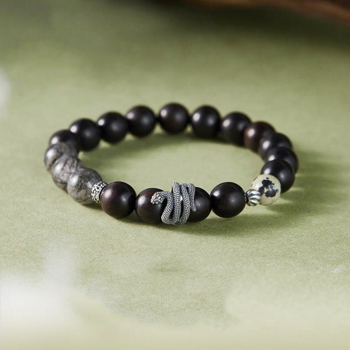 Buddha Stonesエボニーウッド ブラックルチルクォーツ 925スターリングシルバー 蛇年 バランスブレスレット