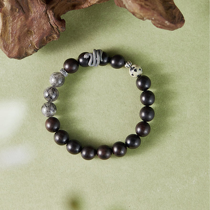 Buddha Stonesエボニーウッド ブラックルチルクォーツ 925スターリングシルバー 蛇年 バランスブレスレット