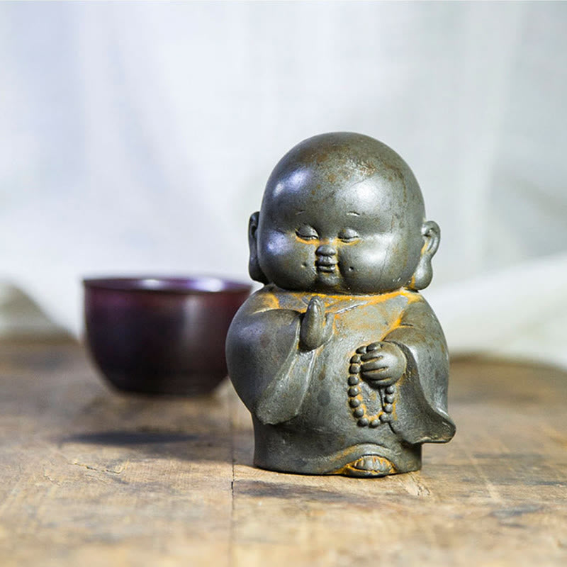 Buddha Stones手作り 小さな僧侶 鉄粉 錆 鋳造 樹脂 像 家の装飾 - image 3