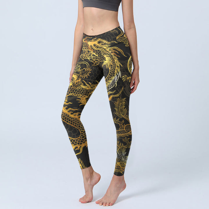 Buddha Stonesゴールデンドラゴンプリント ジムレギンス レディース ヨガパンツ - 黒 - US18、 UK/AU22、 EU50 (4XL) - image 1