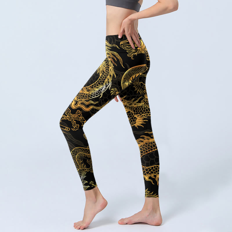 Buddha Stonesゴールデンドラゴンプリント ジムレギンス レディース ヨガパンツ - image 3