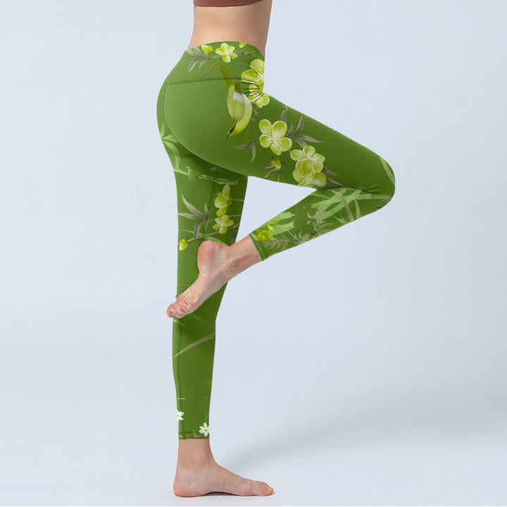 Buddha Stones、カササギ、花、枝のプリント入りジムレギンス、レディースヨガパンツ - image 4