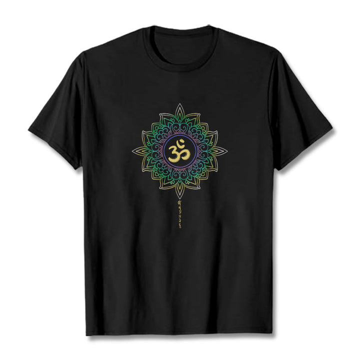 Buddha StonesOM イエローグリーン グラデーション ロータス コットン Tシャツ - 黒 - 2XL - image 3