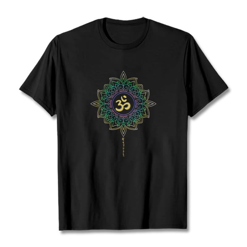 Buddha StonesOM イエローグリーン グラデーション ロータス コットン Tシャツ - 黒 - 2XL - image 2