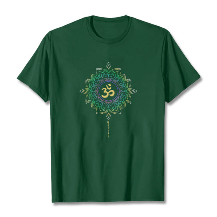 Buddha StonesOM イエローグリーン グラデーション ロータス コットン Tシャツ - フォレストグリーン - 2XL - image 1