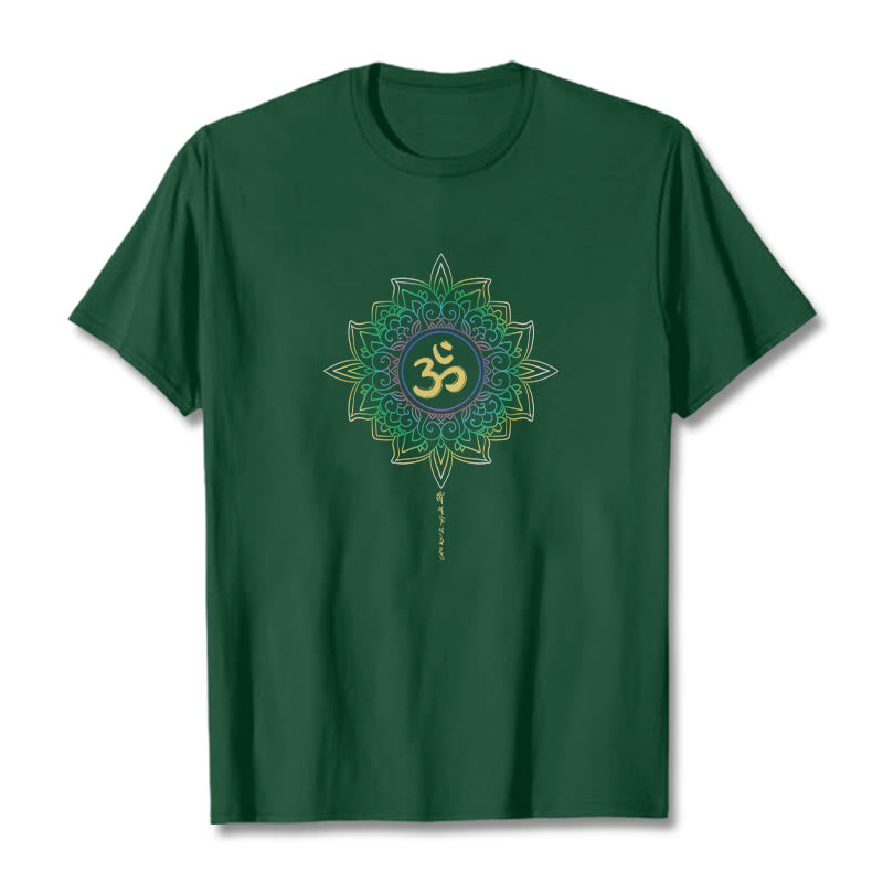 Buddha StonesOM イエローグリーン グラデーション ロータス コットン Tシャツ - フォレストグリーン - 2XL - image 0