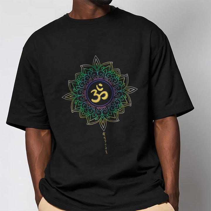 Buddha StonesOM イエローグリーン グラデーション ロータス コットン Tシャツ - image 4