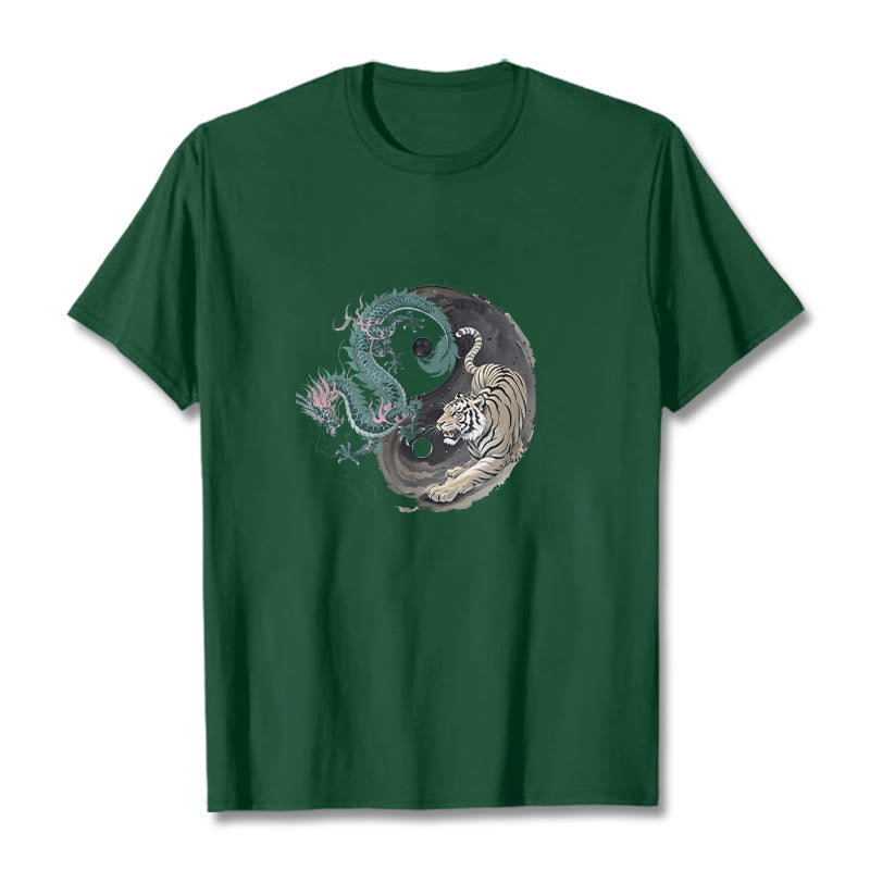 Buddha Stones、虎、龍、陰陽コットンTシャツ - フォレストグリーン - 2XL - image 1