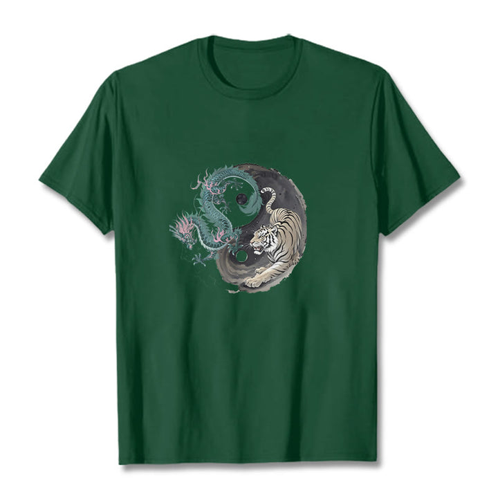 Buddha Stones、虎、龍、陰陽コットンTシャツ - フォレストグリーン - 2XL - image 1