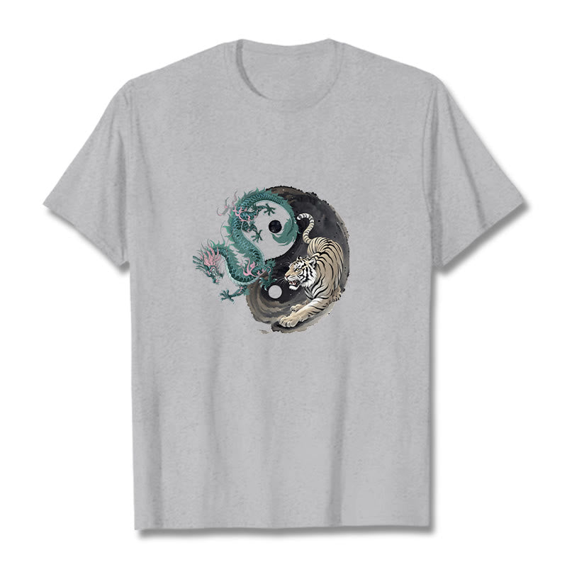 Buddha Stones、虎、龍、陰陽コットンTシャツ - ライトグレー - 2XL - image 1