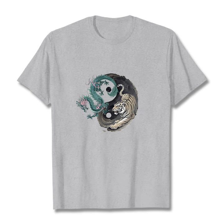 Buddha Stones、虎、龍、陰陽コットンTシャツ - ライトグレー - 2XL - image 1