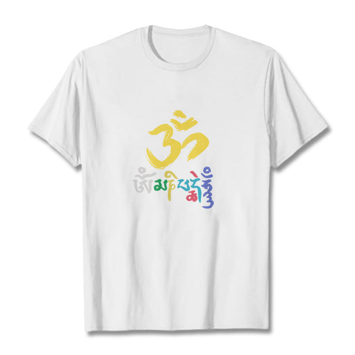 Buddha Stonesのカラフルなオーム・マニ・パドメ・フムのコットンTシャツ - 白 - 2XL - image 11