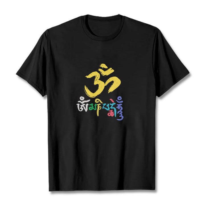 Buddha Stonesのカラフルなオーム・マニ・パドメ・フムのコットンTシャツ - 黒 - 2XL - image 1