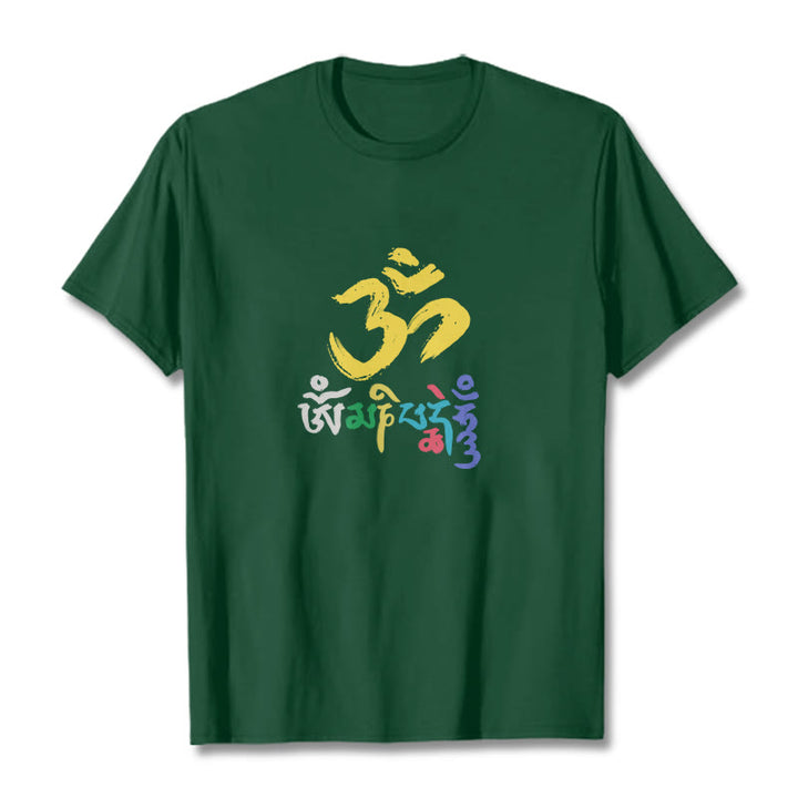 Buddha Stonesのカラフルなオーム・マニ・パドメ・フムのコットンTシャツ - フォレストグリーン - 2XL - image 6