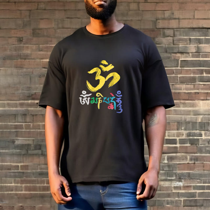 Buddha Stonesのカラフルなオーム・マニ・パドメ・フムのコットンTシャツ - image 3