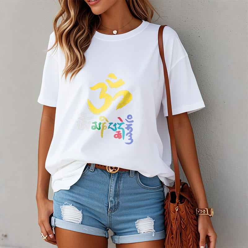 Buddha Stonesのカラフルなオーム・マニ・パドメ・フムのコットンTシャツ - image 12