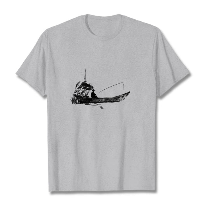 Buddha Stonesボート釣り草柄コットンTシャツ - ライトグレー - 2XL - image 0