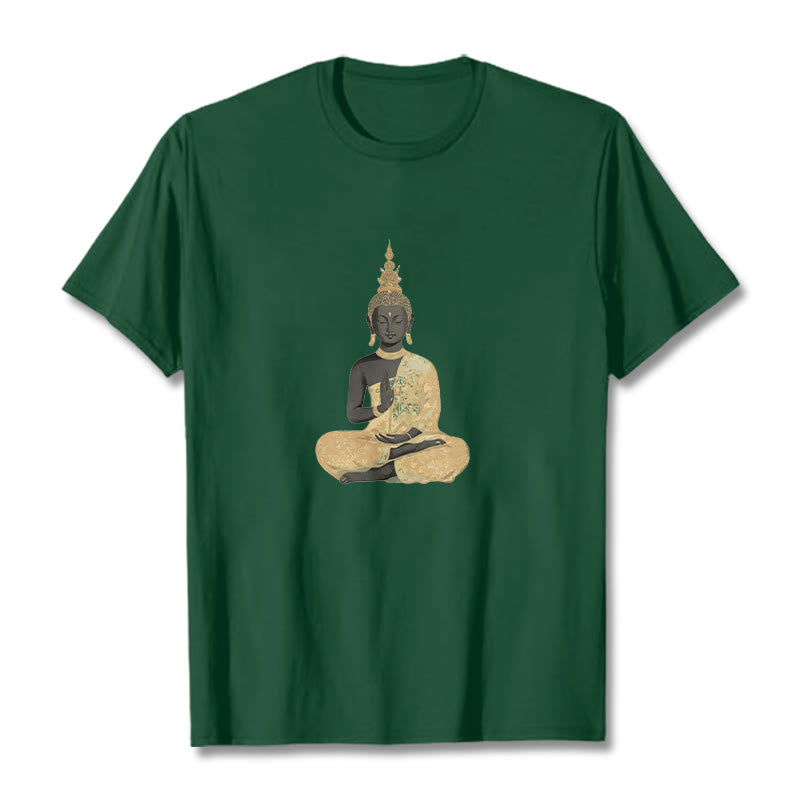 Buddha Stones、瞑想する仏陀の模様、コットンTシャツ - フォレストグリーン - 2XL - image 3
