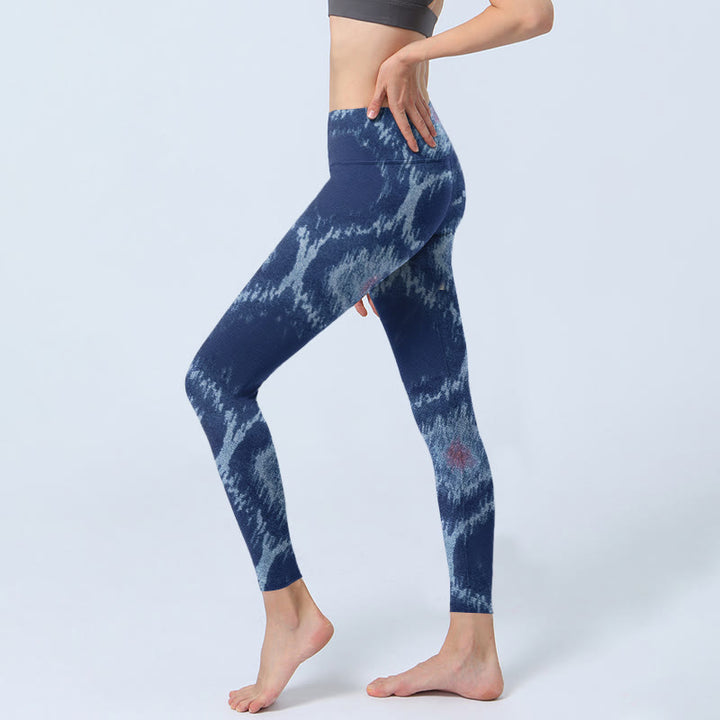 Buddha Stonesネイビーブルー ホワイトデザイン ジムレギンス レディース ヨガパンツ - image 3