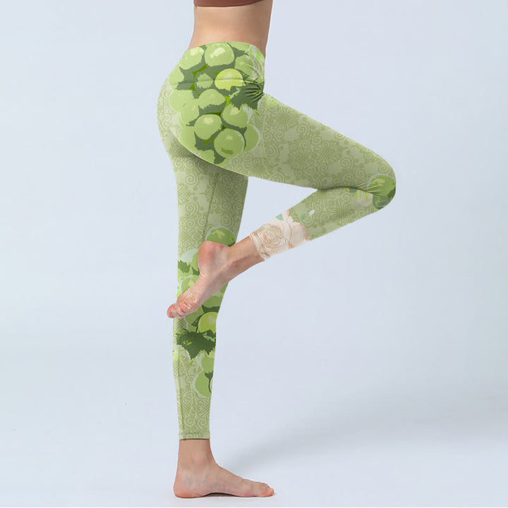 Buddha Stones、緑のブドウ、ピンクのバラのジムレギンス、レディースヨガパンツ - image 4