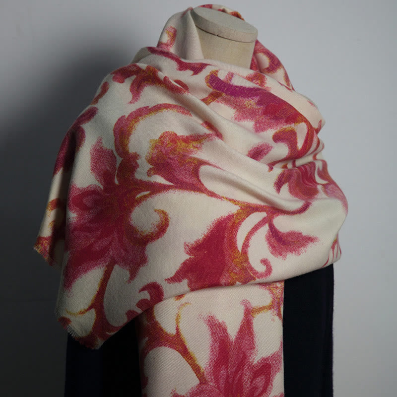 Buddha Stonesチベット赤花柄ショール 秋冬 ソフト 暖かい スカーフ ラップ - ベージュレッド 192×65cm - image 0