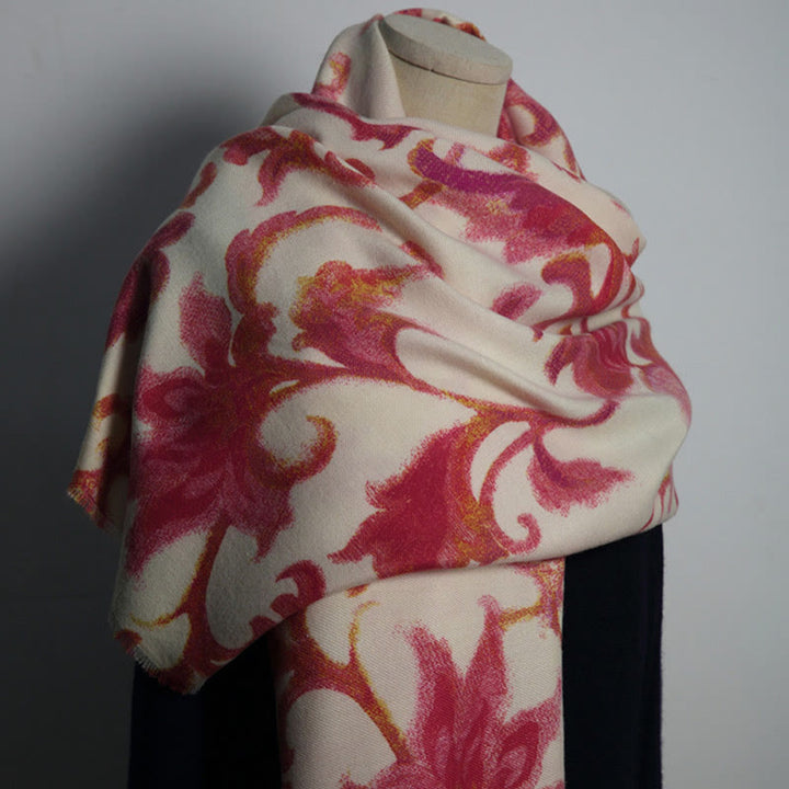 Buddha Stonesチベット赤花柄ショール 秋冬 ソフト 暖かい スカーフ ラップ - ベージュレッド 192×65cm - image 0