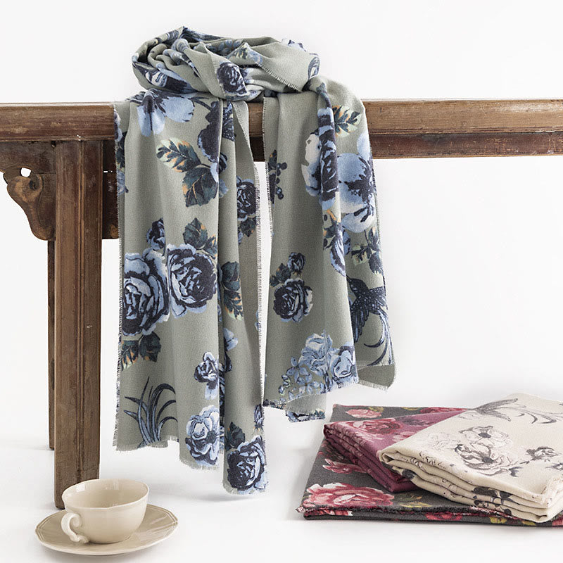 Buddha Stonesチベットショールガーデンスタイルローズフラワープリント秋冬ソフト暖かいスカーフラップ - ペールグリーン 180×65cm - image 0