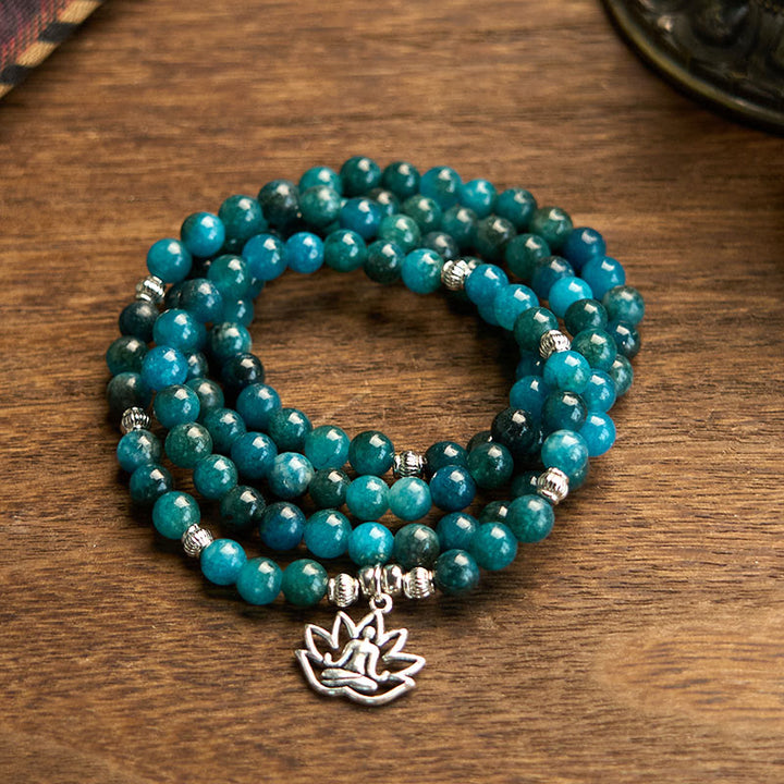Buddha Stones108 個のMalaビーズ アパタイトビーズ Om 生命の樹 蓮仏ブレスレット