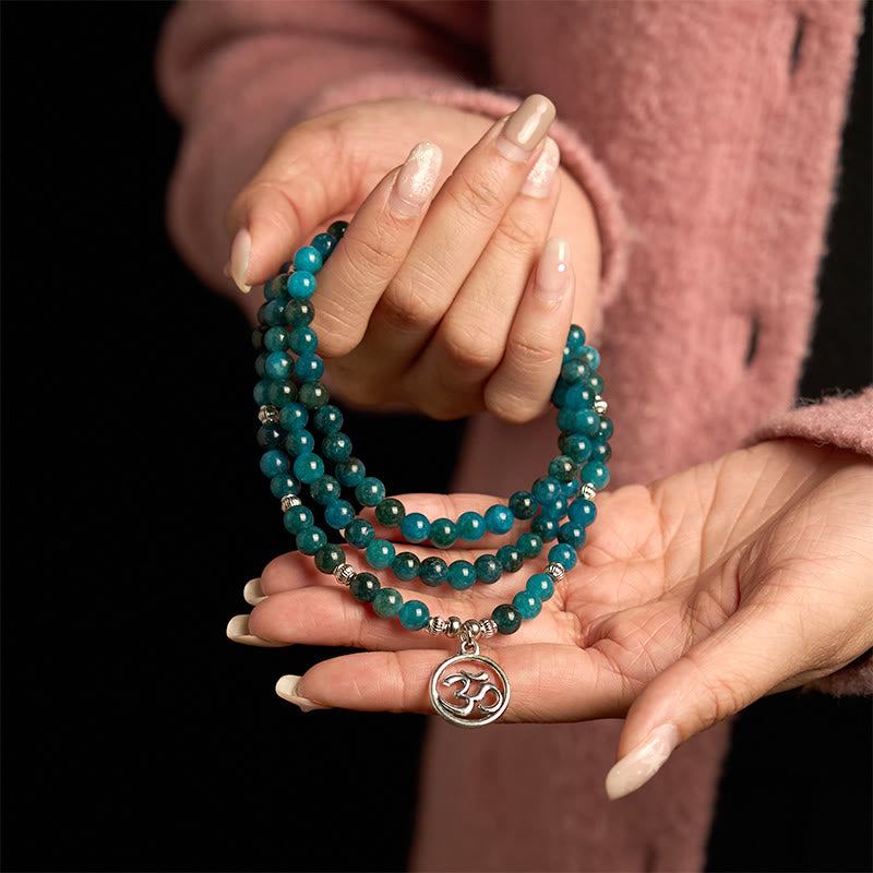 Buddha Stones108 個のMalaビーズ アパタイトビーズ Om 生命の樹 蓮仏ブレスレット