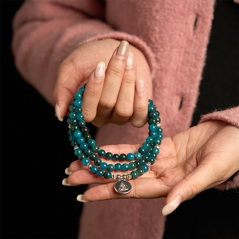 Buddha Stones108 個のMalaビーズ アパタイトビーズ Om 生命の樹 蓮仏ブレスレット