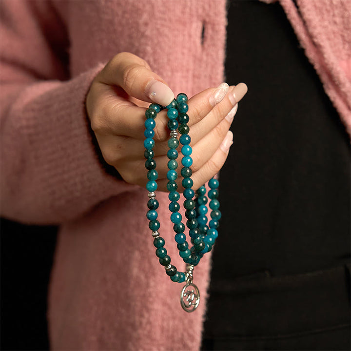 Buddha Stones108 個のMalaビーズ アパタイトビーズ Om 生命の樹 蓮仏ブレスレット