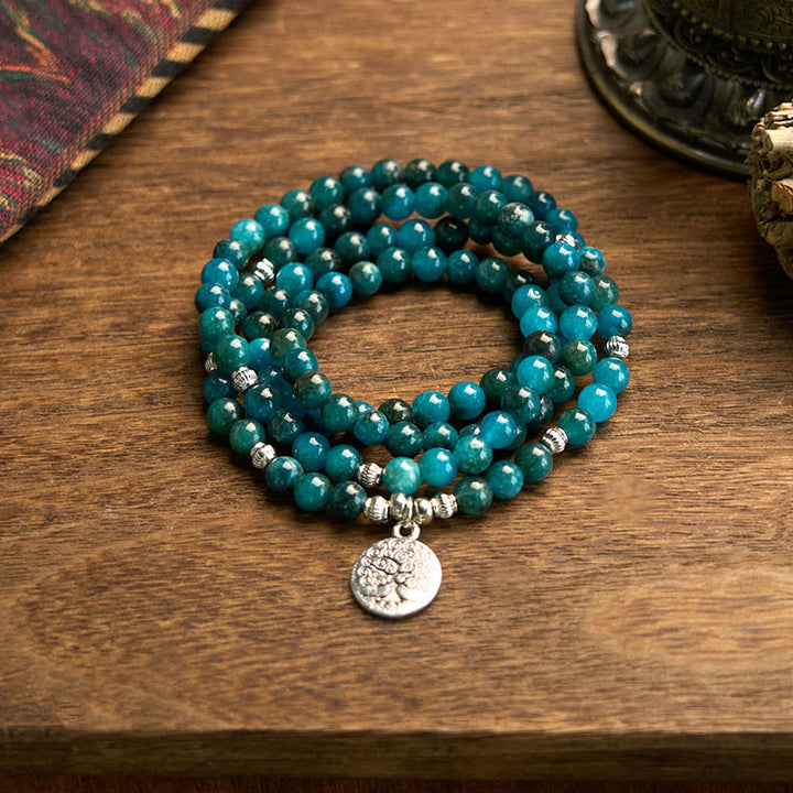 Buddha Stones108 個のMalaビーズ アパタイトビーズ Om 生命の樹 蓮仏ブレスレット