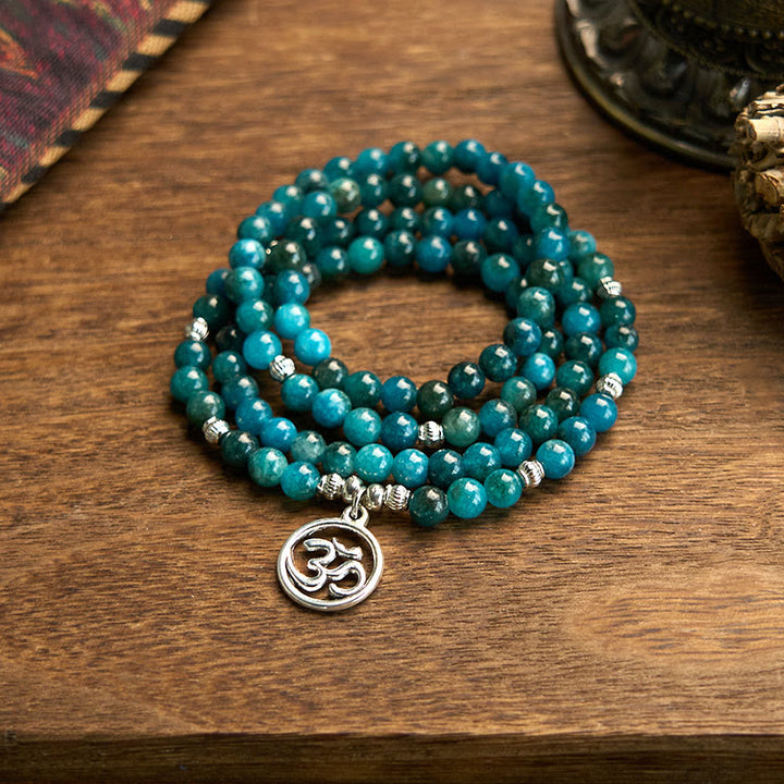 Buddha Stones108 個のMalaビーズ アパタイトビーズ Om 生命の樹 蓮仏ブレスレット