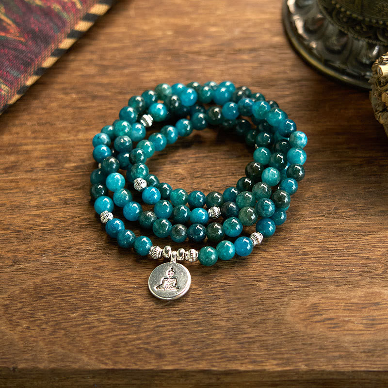 Buddha Stones108 個のMalaビーズ アパタイトビーズ Om 生命の樹 蓮仏ブレスレット