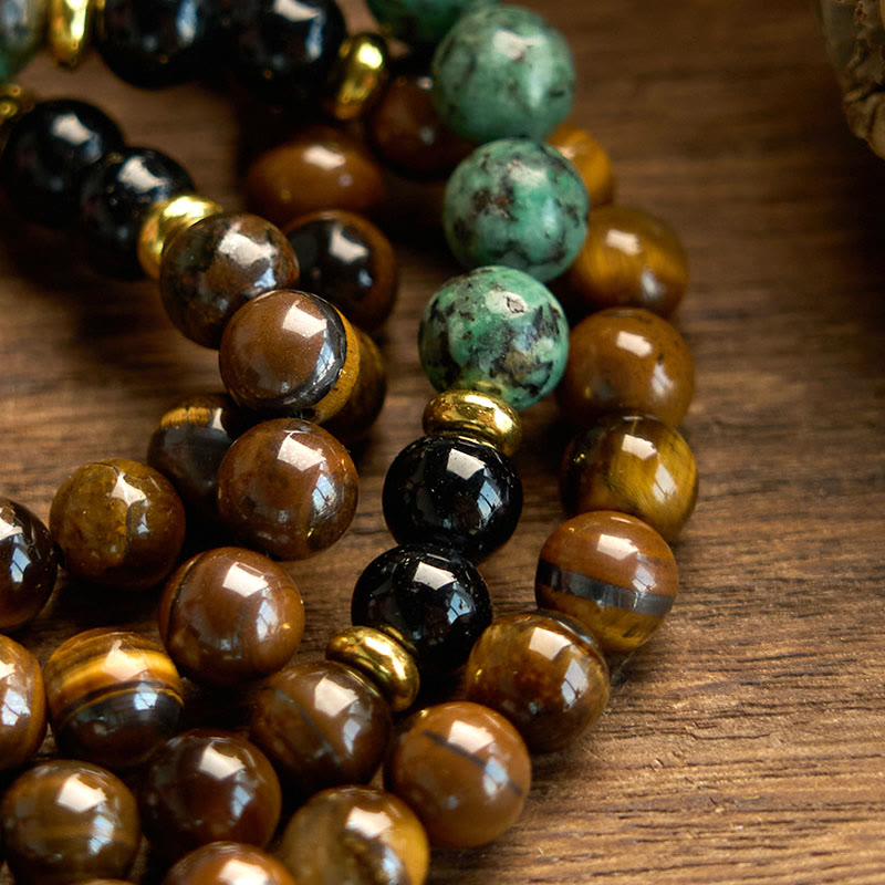 Buddha Stones 108Mala天然石 タイガーアイ ターコイズ ビーズ タッセル 保護ブレスレット