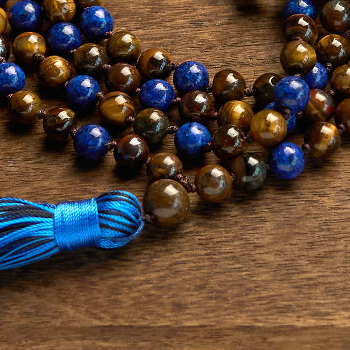 Buddha Stones 108ビーズ 天然石 タイガーアイ ラズライト ラピスラズリマーラー数珠タッセル守護ブレスレット - image 5