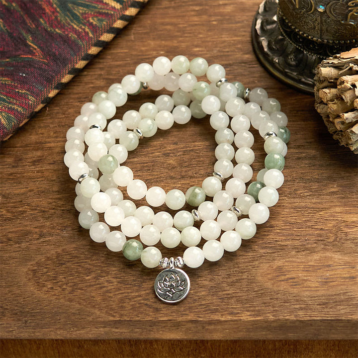 Buddha Stones 108Mala入り 天然天山翡翠 蓮華 幸運ブレスレット
