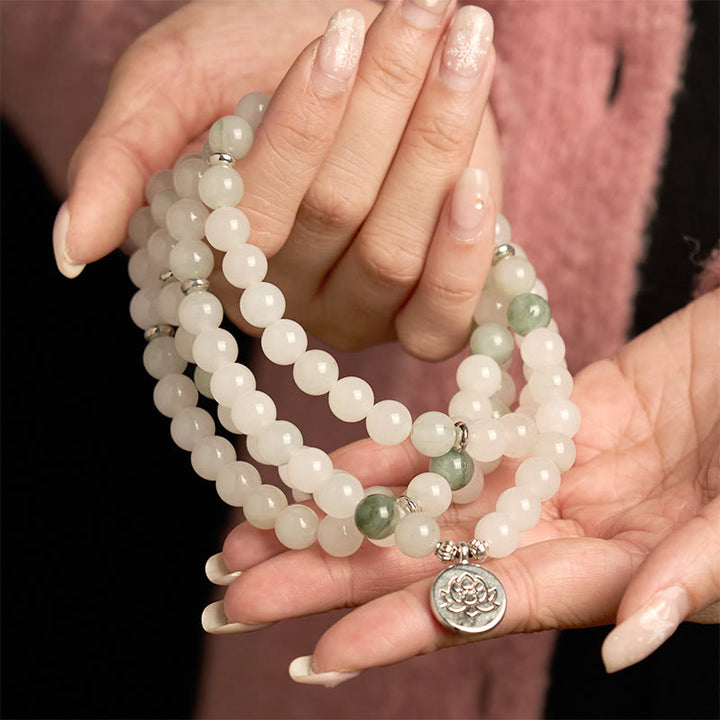 Buddha Stones 108Mala入り 天然天山翡翠 蓮華 幸運ブレスレット