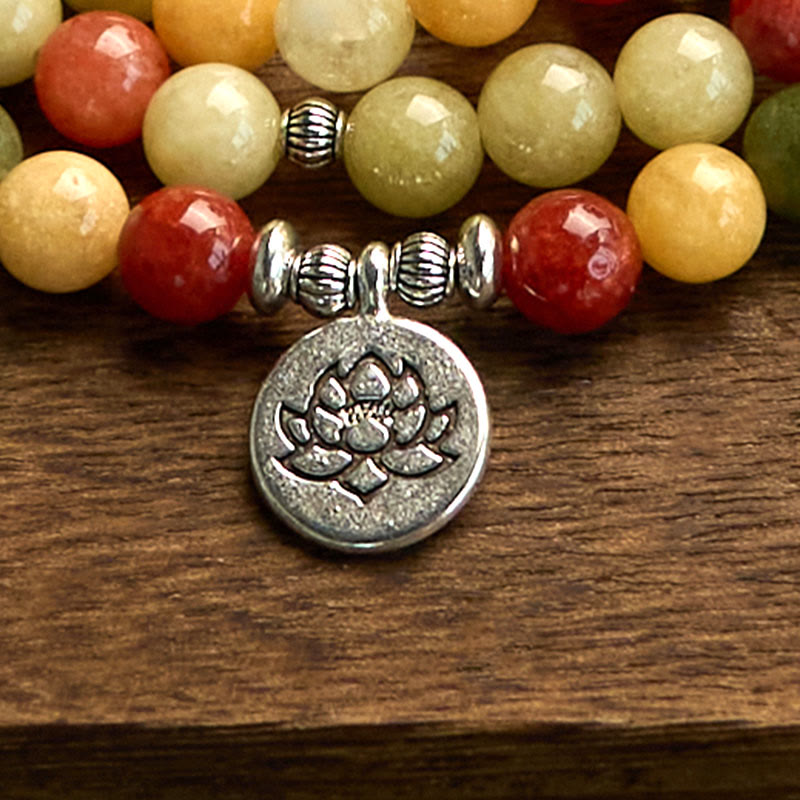 Buddha Stones 108Malaビーズ 天然石 トパーズ レッドジャスパー グリーンジャスパー ロータス 守護ブレスレット