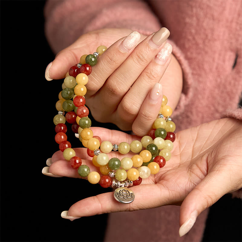 Buddha Stones 108Malaビーズ 天然石 トパーズ レッドジャスパー グリーンジャスパー ロータス 守護ブレスレット