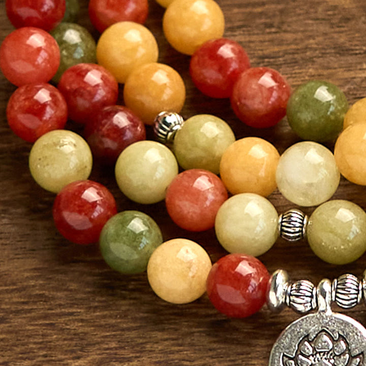 Buddha Stones 108Malaビーズ 天然石 トパーズ レッドジャスパー グリーンジャスパー ロータス 守護ブレスレット