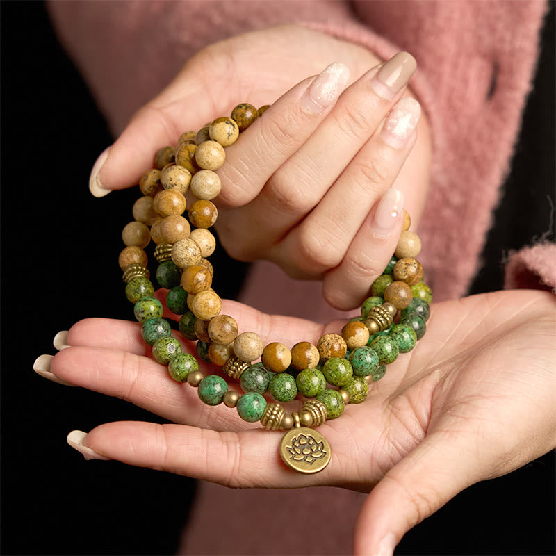 Buddha Stones 108Malaビーズ 天然石 ピクチャージャスパー ターコイズ ロータス ポジティブブレスレット