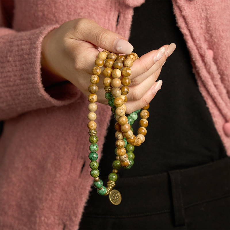 Buddha Stones 108Malaビーズ 天然石 ピクチャージャスパー ターコイズ ロータス ポジティブブレスレット