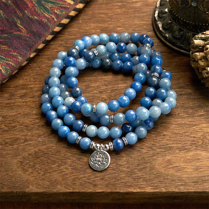 Buddha Stones 108Malaビーズ マルチレイヤー ナチュラル ブルー アベンチュリン ロータス カームブレスレット