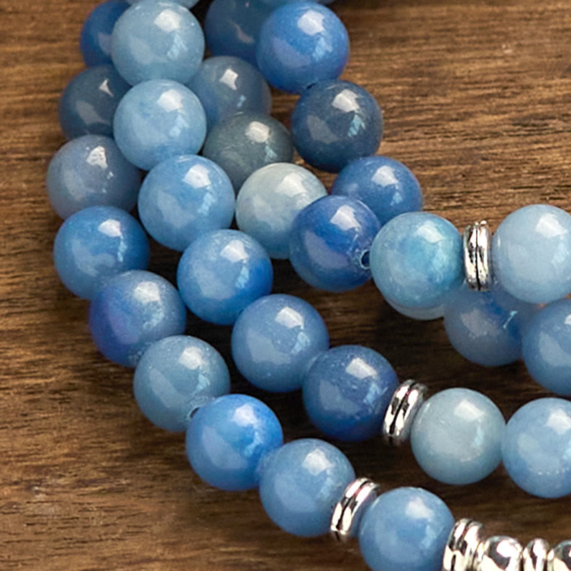 Buddha Stones 108Malaビーズ マルチレイヤー ナチュラル ブルー アベンチュリン ロータス カームブレスレット