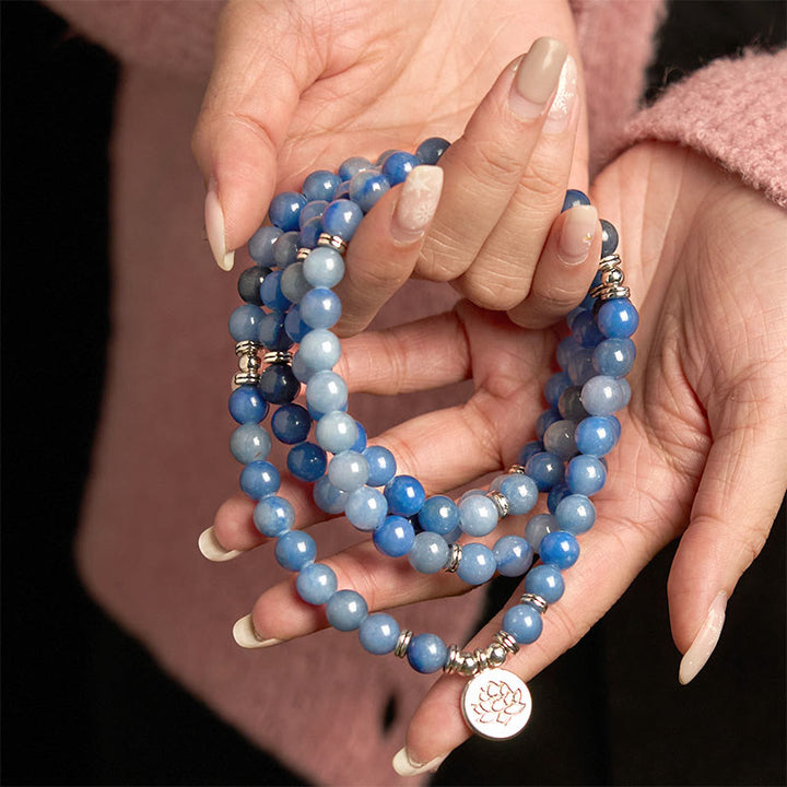 Buddha Stones 108Malaビーズ マルチレイヤー ナチュラル ブルー アベンチュリン ロータス カームブレスレット