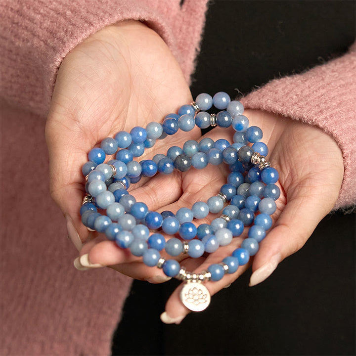 Buddha Stones 108Malaビーズ マルチレイヤー ナチュラル ブルー アベンチュリン ロータス カームブレスレット