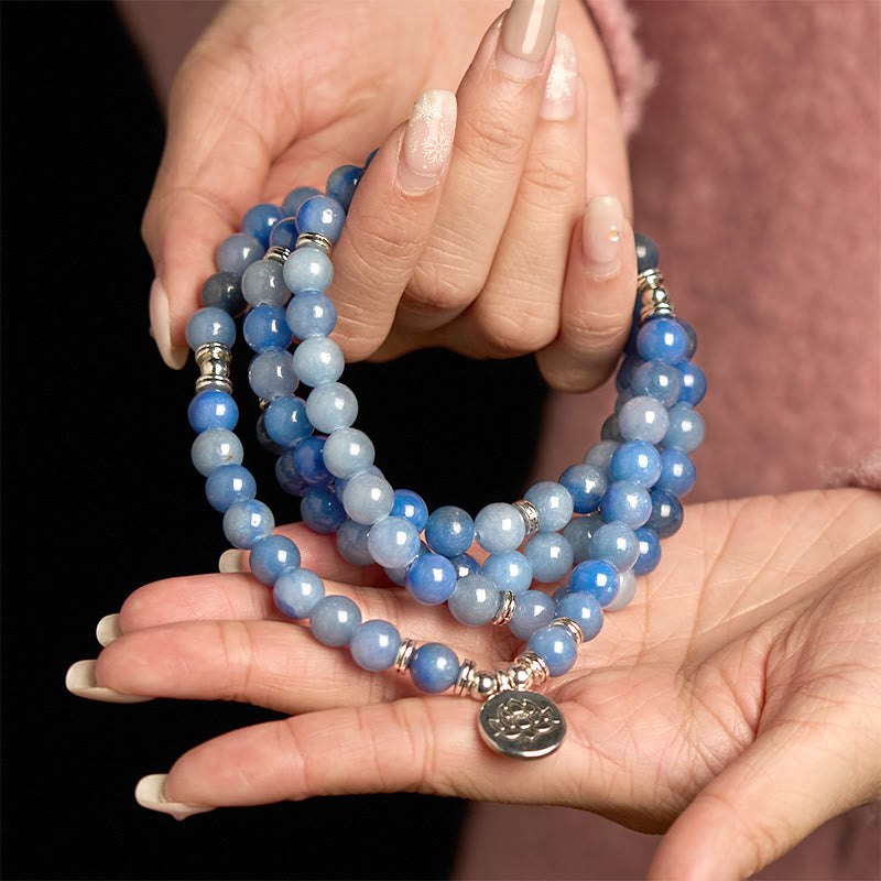Buddha Stones 108Malaビーズ マルチレイヤー ナチュラル ブルー アベンチュリン ロータス カームブレスレット