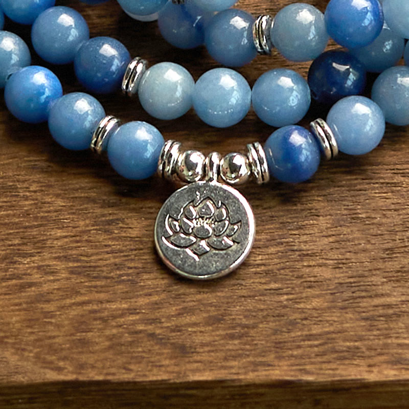 Buddha Stones 108Malaビーズ マルチレイヤー ナチュラル ブルー アベンチュリン ロータス カームブレスレット
