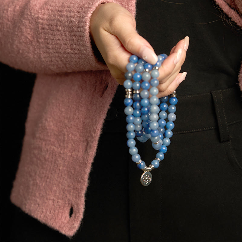 Buddha Stones 108Malaビーズ マルチレイヤー ナチュラル ブルー アベンチュリン ロータス カームブレスレット